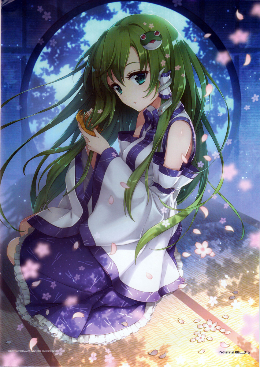 1girl absurdres an2a artist_name bangs blurry cherry_blossoms comb combing copyright_name depth_of_field detached_sleeves floral_print frills frog_hair_ornament green_eyes green_hair hair_ornament hair_tubes highres holding indoors japanese_clothes kochiya_sanae looking_at_viewer open_mouth page_number petals round_window scan shadow sitting sleeveless snake_hair_ornament solo tatami touhou tree_shade wide_sleeves window year yokozuwari