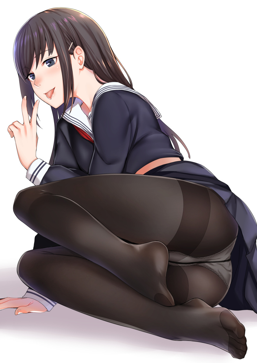 1girl :p absurdres black_eyes black_hair black_legwear crotch_seam feet hair_ornament hairclip highres kyuuso_inukami legs long_hair no_shoes original panties panties_under_pantyhose pantyhose school_uniform tagme toes tongue tongue_out underwear v