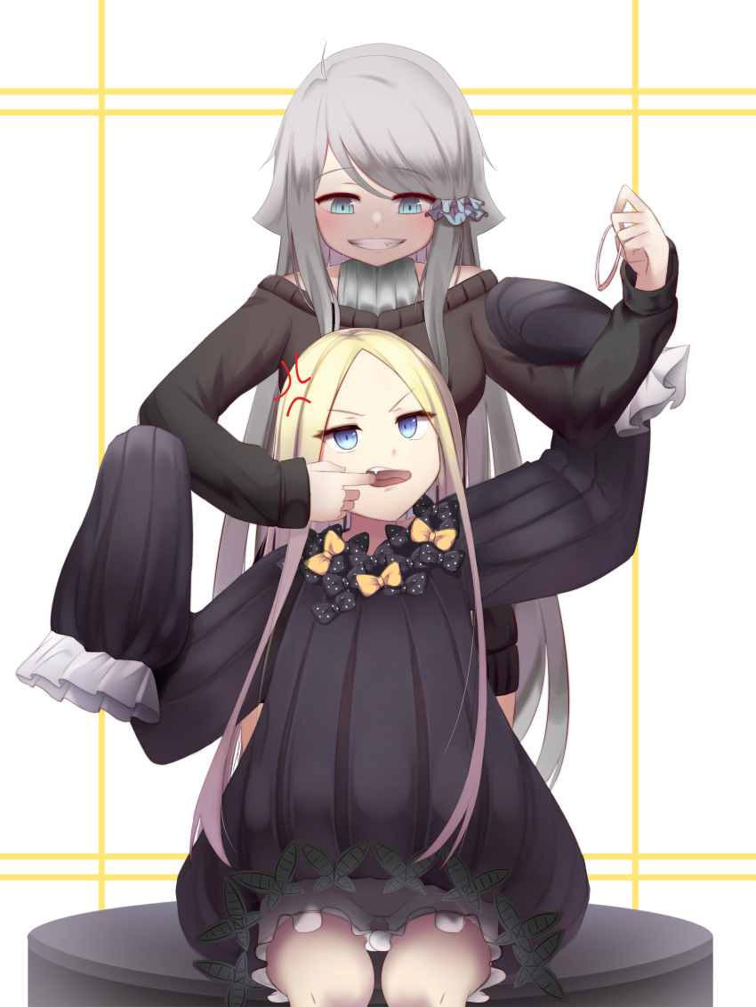 2girls abigail_williams_(fate/grand_order) absurdres ahoge anger_vein bangs black_bow black_sweater blonde_hair bloomers blue_eyes blush bow crossover dress eyebrows_visible_through_hair fate/grand_order fate_(series) finger_in_another's_mouth grey_hair grin hair_ornament hair_scrunchie hair_tie highres holding imouto_sae_ireba_ii kani_nayuta long_hair long_sleeves looking_up multiple_girls open_mouth orange_bow scrunchie sitting sleeves_past_wrists smile standing sugar_(dndi888) sweater sweater_dress swept_bangs underwear v-shaped_eyebrows very_long_hair white_background