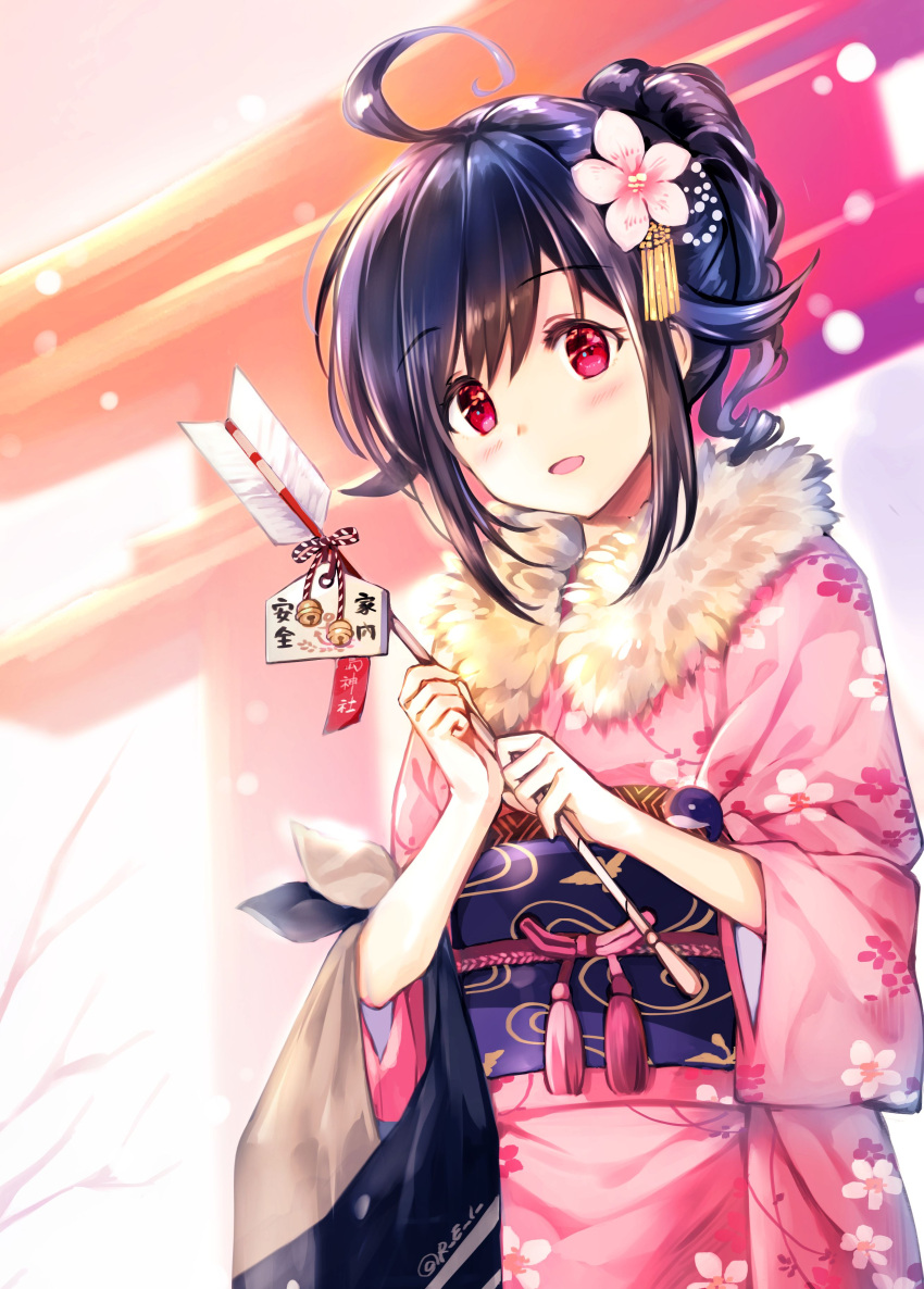 1girl :d absurdres ahoge alternate_costume alternate_hairstyle arrow bangs bare_tree bell blush cowboy_shot ema eyebrows_visible_through_hair floral_print flower fur-trimmed_kimono fur_collar fur_trim furisode hair_flower hair_ornament hamaya highres holding japanese_clothes jingle_bell kantai_collection kimono long_sleeves looking_at_viewer low_twintails obi open_mouth outdoors pink_kimono ponytail print_kimono purple_hair red_eyes rei_(rei's_room) sash smile solo standing taigei_(kantai_collection) tareme tassel tied_hair torii tree twintails upper_body wide_sleeves