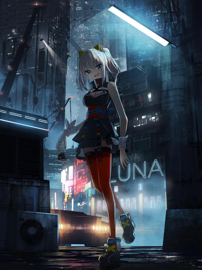 1girl :d absurdres asuteroid bare_shoulders blue_eyes breasts building city cleavage_cutout commentary_request crane eyebrows_visible_through_hair hair_between_eyes headgear highres holding kaguya_luna kaguya_luna_(character) looking_at_viewer medium_breasts neon_lights night obi open_mouth outdoors red_legwear sash shoes silver_hair skyscraper smile solo standing standing_on_one_leg thigh-highs twintails wristband