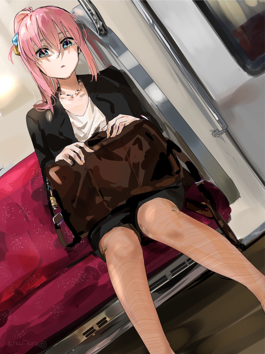 1girl bag bags_under_eyes black_jacket black_skirt blue_eyes bocchi_the_rock! brown_pantyhose cube_hair_ornament dutch_angle funi_mu9 gotou_hitori hair_ornament highres holding holding_bag jacket jewelry looking_at_viewer necklace pantyhose parted_lips pink_hair ponytail salaryman shaded_face shirt sitting skirt solo train_interior white_shirt