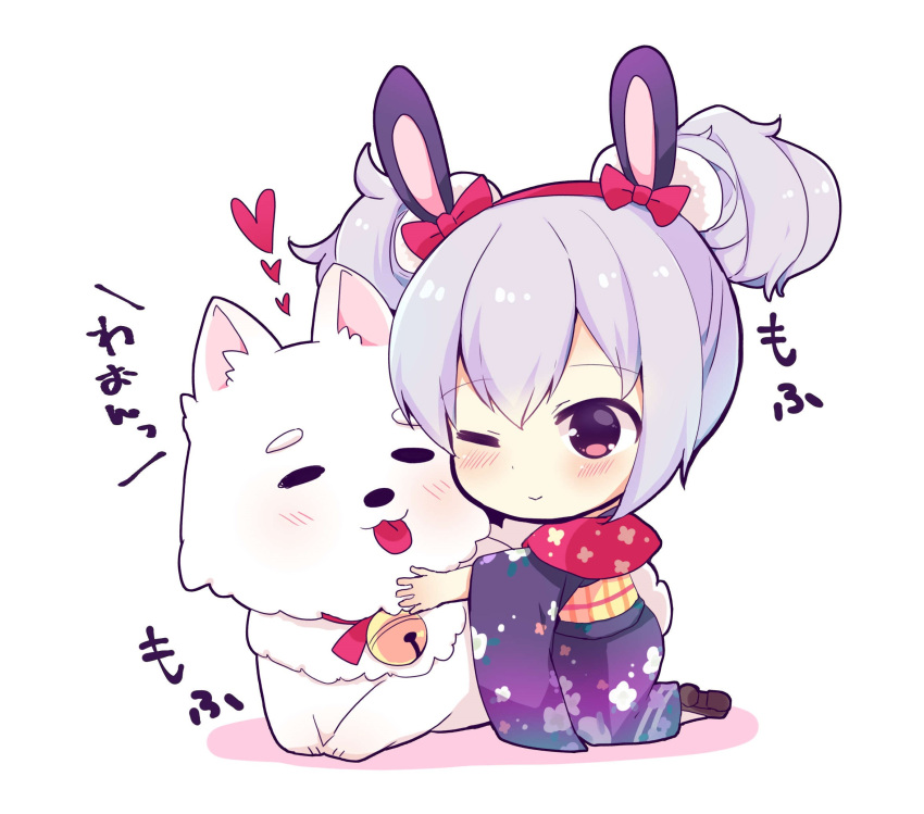 1girl ;&gt; animal animal_ears animal_hug azur_lane bangs bell blue_kimono blush bow brown_eyes brown_footwear closed_mouth commentary_request dog double_bun eyebrows_visible_through_hair floral_print hair_between_eyes hair_bow hairband heart highres japanese_clothes jingle_bell kimono laffey_(azur_lane) long_sleeves obi print_kimono rabbit_ears red_bow red_hairband sash shiopy shoes silver_hair smile solo tongue tongue_out translated white_background wide_sleeves