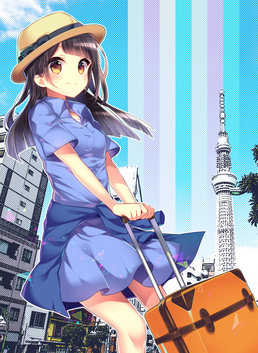 1girl brown_eyes brown_hair hat highres kurisu_sai long_hair luggage original rolling_suitcase skirt smile solo