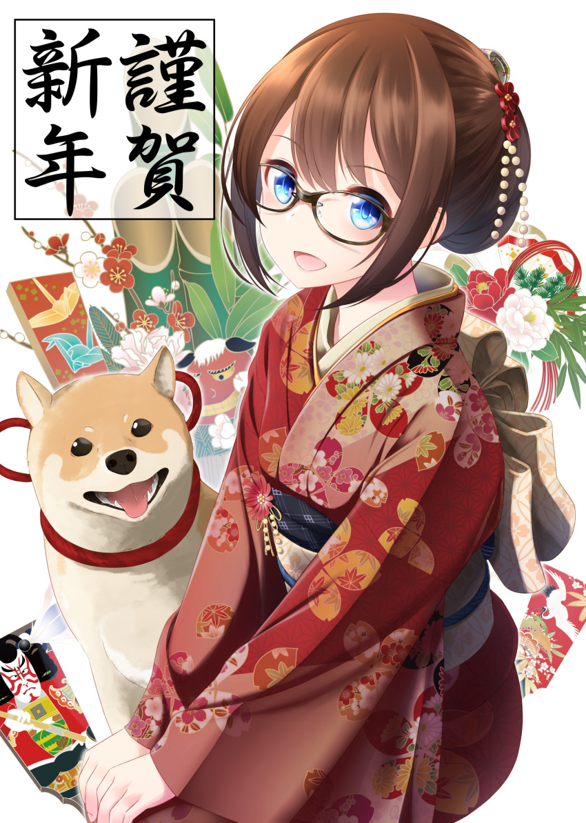 1girl 2018 bangs beads blue_eyes brown_hair commentary_request dog eyebrows_visible_through_hair flower glasses hair_ornament hands_on_own_knees highres japanese_clothes kimono looking_at_viewer nekobaka open_eyes open_mouth original solo translation_request white_background