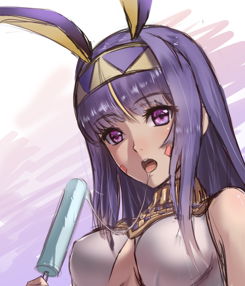1girl animal_ears bare_shoulders blonde_hair blush breasts dark_skin egyptian_clothes eyebrows_visible_through_hair eyelashes facial_mark fate/grand_order fate_(series) food gradient gradient_background hairband highres holding holding_food jewelry long_hair looking_at_viewer medium_breasts multicolored_hair neck_ring nitocris_(fate/grand_order) open_mouth popsicle purple_hair rabbit_ears saliva saliva_trail sketch solo straight_hair streaked_hair ten_no_hoshi tongue tongue_out two-tone_hair two-tone_hairband under_boob upper_body violet_eyes