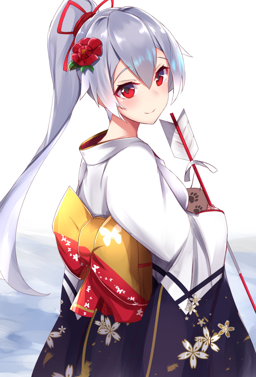 1girl absurdres alternate_costume bow fate/grand_order fate_(series) hair_ribbon highres japanese_clothes kimono long_hair looking_at_viewer looking_back nanakaku ponytail quiver red_bow red_eyes ribbon silver_hair solo tomoe_gozen_(fate/grand_order) very_long_hair