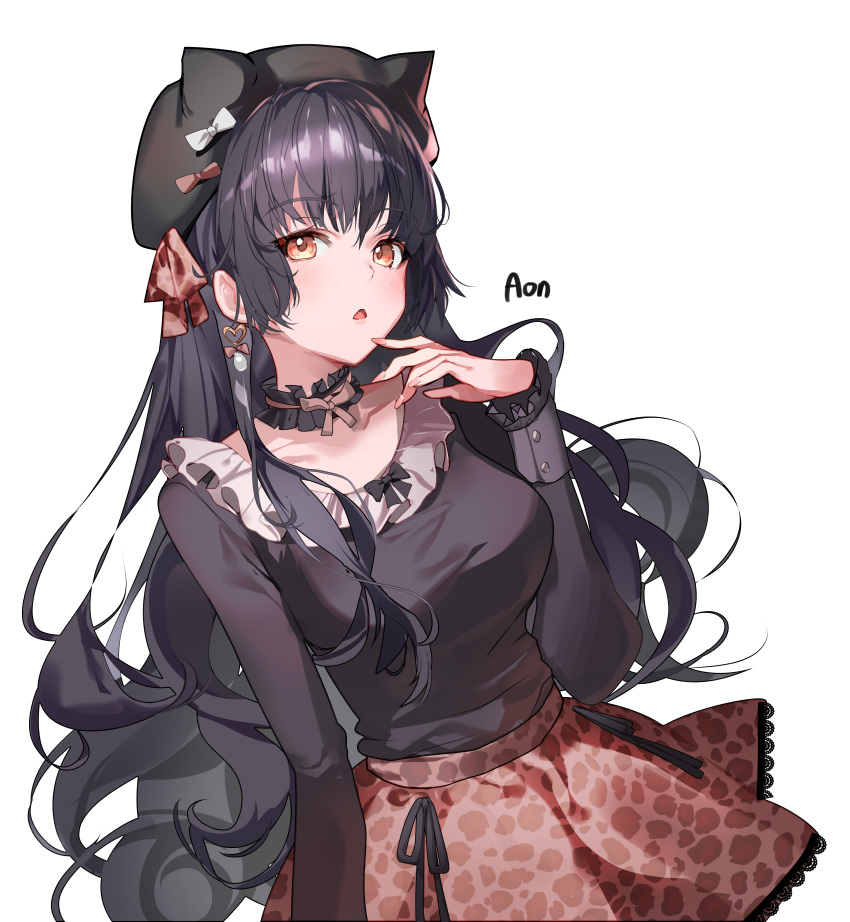 1girl :o a_(sofi3103) absurdres animal_print beret black_choker black_hair black_headwear black_ribbon black_shirt bow breasts choker commentary cowboy_shot earrings fake_horns frilled_choker frilled_shirt frills hand_up hat highres horned_headwear horns idolmaster idolmaster_shiny_colors jewelry lace-trimmed_skirt lace_trim leopard_print light_blush long_hair long_sleeves looking_at_viewer mayuzumi_fuyuko medium_breasts parted_lips print_skirt red_ribbon red_skirt ribbon shirt simple_background skirt solo very_long_hair wavy_hair white_background white_bow white_gemstone yellow_eyes