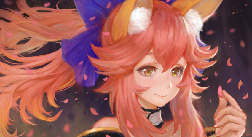 1girl animal_ears blue_ribbon blush bow edward_montenegro fate/extra fate/extra_ccc fate/grand_order fate_(series) fox_ears fox_tail hair_bow hair_ribbon petals pink_hair ribbon solo tail tamamo_(fate)_(all) tamamo_no_mae_(fate) yellow_eyes