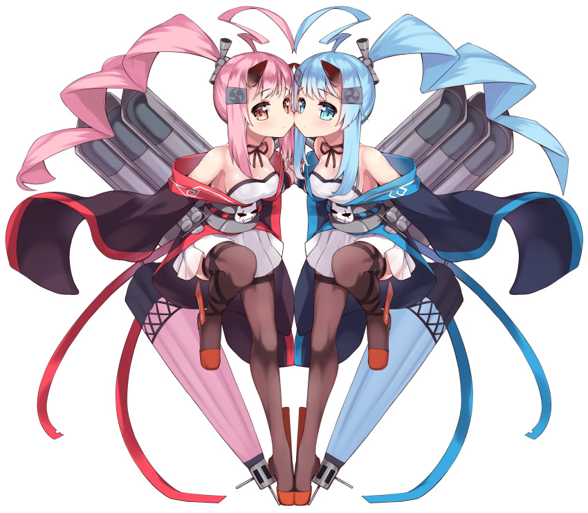 2girls absurdres ahoge azur_lane bangs bare_shoulders black_legwear blue_eyes blue_hair blue_oni blush breasts brown_eyes cheek-to-cheek closed_mouth commentary_request eyebrows_visible_through_hair full_body hair_ornament hairclip heart_ahoge_duo highres horns ikazuchi_(azur_lane) inazuma_(azur_lane) knee_up long_hair looking_at_viewer medium_breasts mitsudomoe_(shape) multiple_girls oni oni_horns pink_hair plantar_flexion pleated_skirt red_oni relila rigging side_ponytail sidelocks simple_background skirt symmetrical_pose symmetry thigh-highs tiptoes tomoe_(symbol) torpedo very_long_hair white_background white_skirt wide_sleeves