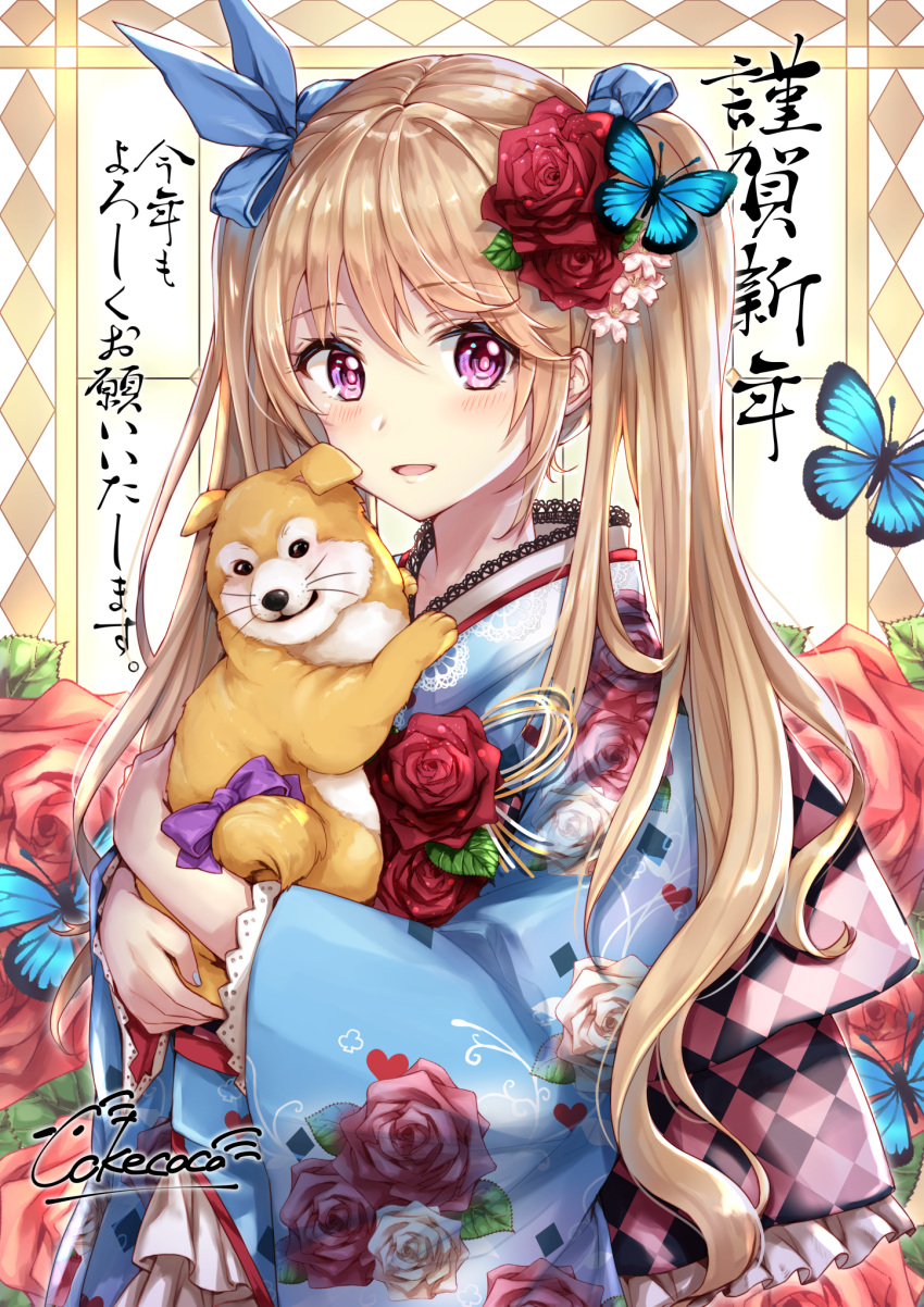 1girl animal artist_name bangs blue_kimono blue_nails blue_ribbon blush bow brown_hair butterfly checkered cokecoco dog eyebrows_visible_through_hair floral_print flower hair_flower hair_ornament hair_ribbon highres japanese_clothes kimono long_hair long_sleeves looking_at_viewer nail_polish obi original parted_lips pink_eyes purple_bow red_flower red_rose ribbon rose rose_print sash smile solo translated twintails upper_body very_long_hair wide_sleeves