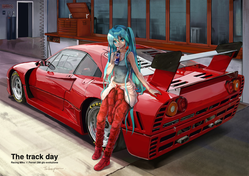 1girl artist_name bare_shoulders blue_eyes blue_hair bodysuit box building can character_name collarbone day drinking english ferrari ferrari_288_gto_evoluzione full_body hatsune_miku highres long_hair looking_at_viewer racecar red_bodysuit red_bull red_footwear shoes sleeveless soda_can solo standing sunlight takepon1123 tank_top tareme tied_cothes twintails very_long_hair vocaloid
