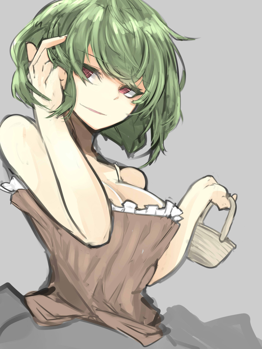 1girl absurdres alternate_costume bangs bare_arms bare_shoulders basket breasts cleavage eyebrows_visible_through_hair frills green_hair grey_background hand_in_hair hands_up highres holding kazami_yuuka looking_at_viewer lunateelf parted_lips red_eyes short_hair side_glance simple_background smile solo touhou upper_body