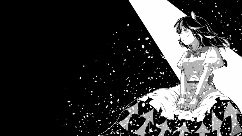 1girl black_background bow bowtie closed_mouth commentary_request cuts dress greyscale highres horn injury kijin_seija looking_to_the_side monochrome multicolored_hair profile puffy_short_sleeves puffy_sleeves short_hair short_sleeves solo streaked_hair sunatoshi touhou