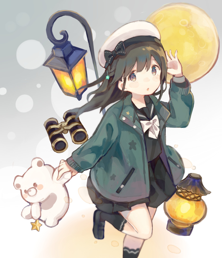 1girl :o absurdres arm_up bangs beret binoculars black_bow black_footwear black_hair black_legwear black_serafuku black_shirt black_skirt blush bow bowtie brown_eyes commentary_request copyright_request eyebrows_visible_through_hair full_moon green_jacket grey_background hair_between_eyes hat hat_bow highres holding holding_stuffed_animal jacket kneehighs lantern loafers long_hair long_sleeves looking_at_viewer moon open_clothes open_jacket parted_lips pleated_skirt pocket school_uniform sencha_(senta_10) serafuku shirt shoes skirt sleeves_past_wrists solo standing standing_on_one_leg star stuffed_animal stuffed_toy teddy_bear white_hat white_neckwear