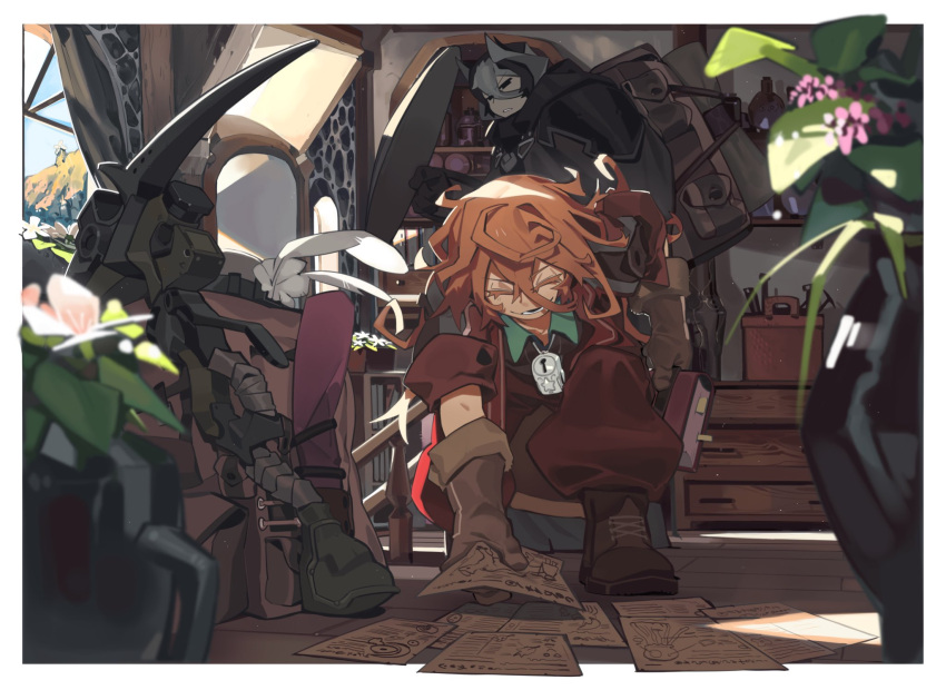 backpack bag blonde_hair book bookmark bookshelf boots bottle closed_eyes flower gloves hat highres indoors knifedragon lyza made_in_abyss multicolored_hair multiple_girls ozen paper pickaxe picking_up shelf smile sunlight tools two-tone_hair vase whistle window