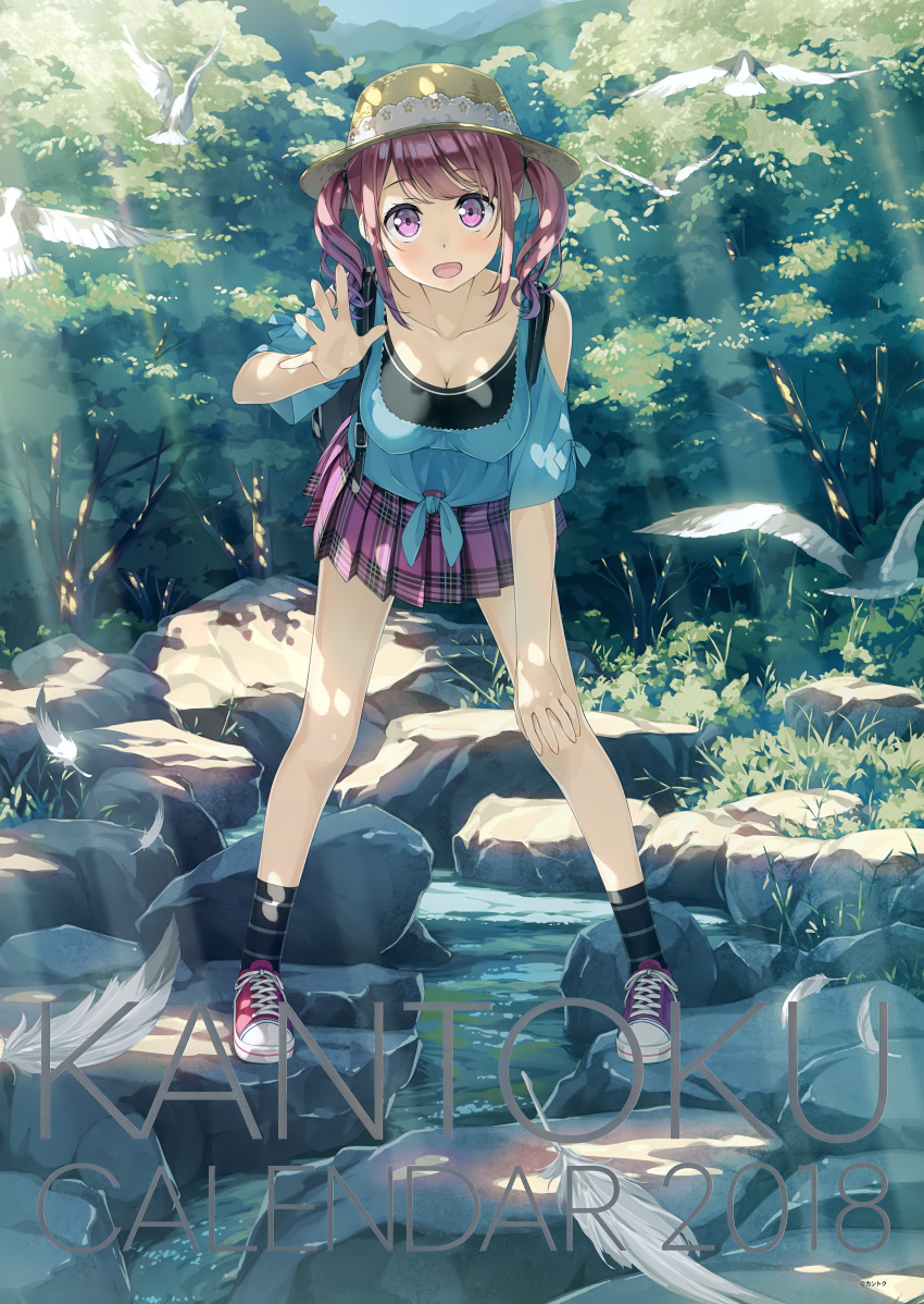 1girl 2018 :d absurdres animal artist_name bangs bare_shoulders bird black_legwear black_tank_top blue_shirt blush breasts cleavage collarbone cover cover_page day eyebrows_visible_through_hair feathers forest hat head_tilt highres huge_filesize kantoku kurumi_(kantoku) leaning_forward looking_at_viewer medium_breasts nature open_mouth original outdoors pink_eyes plaid plaid_skirt pleated_skirt purple_footwear purple_hair purple_skirt rock shirt shoes skirt smile sneakers socks solo standing sunlight tank_top tied_shirt tree twintails white_feathers