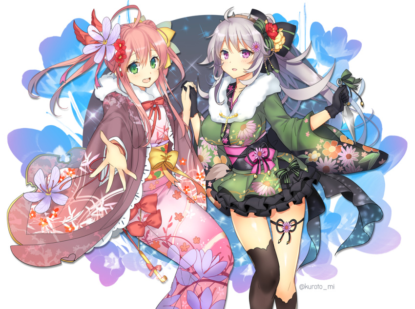 2girls ahoge asymmetrical_legwear black_bow black_legwear black_skirt bow echinacea_(flower_knight_girl) floral_print flower flower_knight_girl green_bow green_eyes green_kimono grey_hair hair_bow hair_bun hair_flower hair_ornament hand_holding holding holding_weapon japanese_clothes kimono kiseru kunai kurot long_hair looking_at_viewer multiple_girls pink_hair pink_kimono pipe print_kimono red_bow saffron_(flower_knight_girl) skirt smile striped striped_bow twitter_username violet_eyes weapon yellow_bow yukata