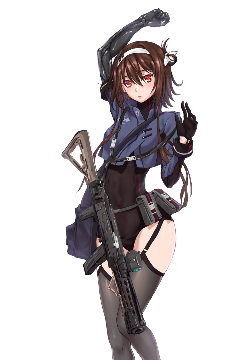1girl android blush brown_hair garter_straps girls_frontline gloves gun hairband highres looking_at_viewer magpul mechanical_arm orange_eyes parted_lips pouch submachine_gun thigh-highs type_79_(girls_frontline) type_79_smg weapon yeklsa