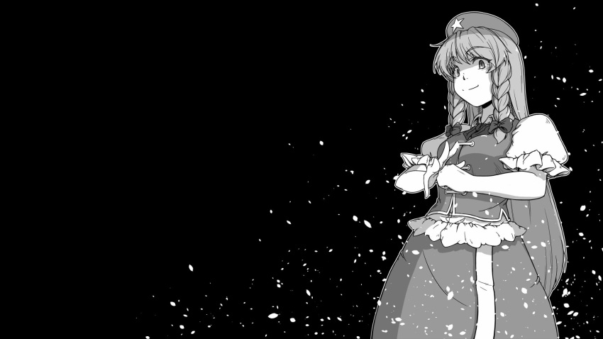 1girl bangs black_background bow braid closed_mouth commentary_request cowboy_shot eyebrows_visible_through_hair greyscale hair_bow hat highres hong_meiling long_hair looking_at_viewer monochrome negative_space puffy_short_sleeves puffy_sleeves short_sleeves side_braid skirt solo star sunatoshi touhou twin_braids very_long_hair