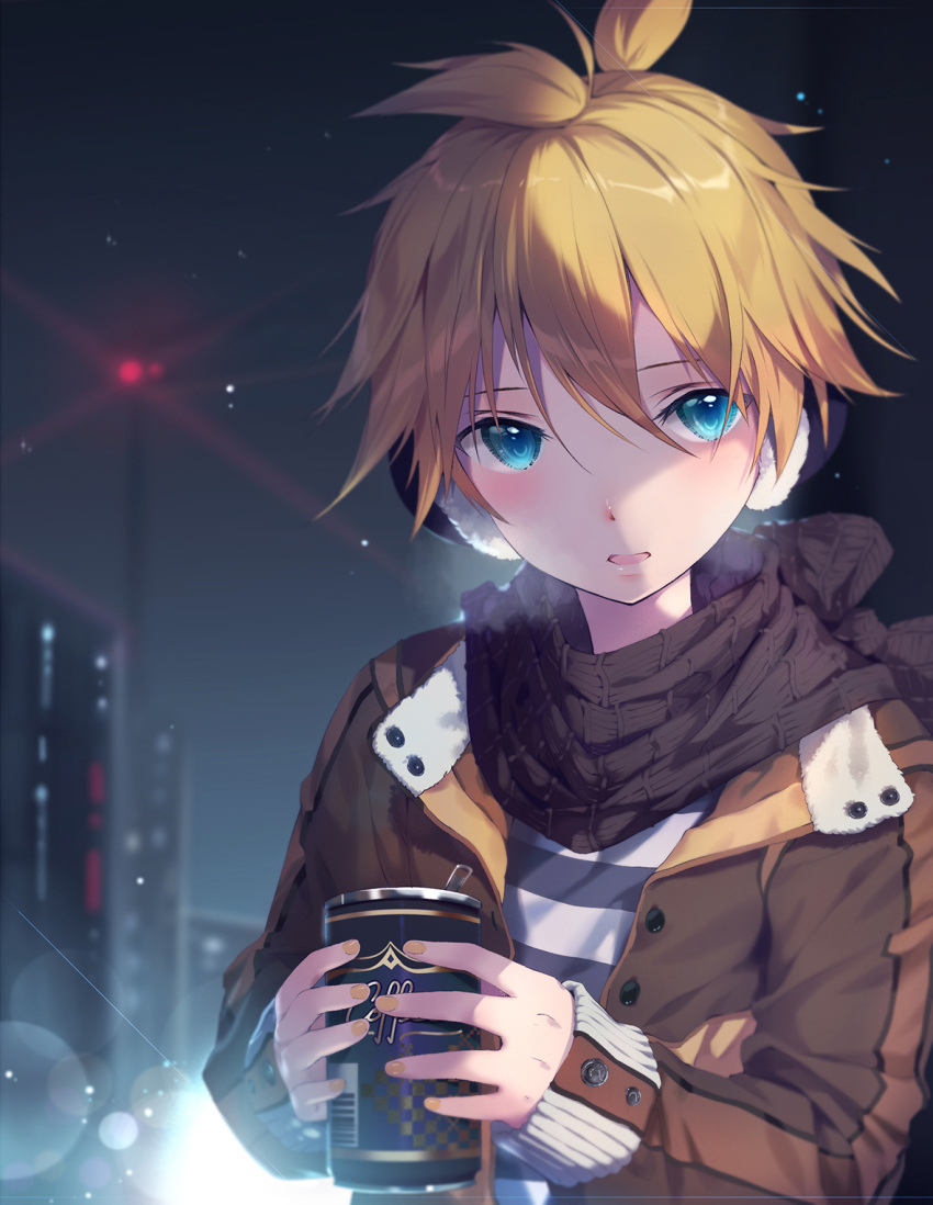 1boy ahoge backlighting black_scarf blonde_hair blue_eyes brown_jacket can earmuffs hair_between_eyes highres hmniao holding jacket kagamine_len lens_flare long_sleeves looking_at_viewer male_focus nail_polish night night_sky open_clothes open_jacket outdoors parted_lips scarf shirt short_ponytail sky sleeves_past_wrists smile soda_can solo striped striped_shirt upper_body vocaloid yellow_nails