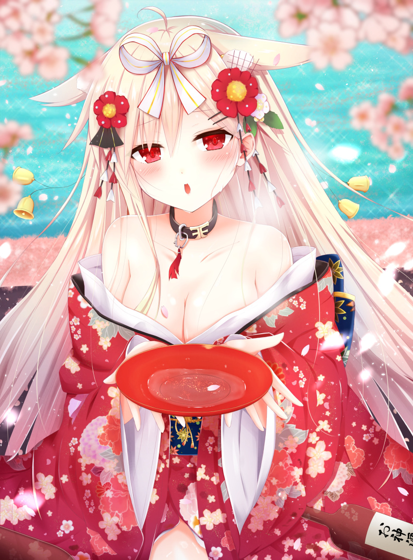 1girl absurdres ahoge bare_shoulders bell blonde_hair blush bottle breasts cherry_blossoms cleavage collar cup drunk flower hair_flaps hair_flower hair_ornament hair_ribbon hairclip highres japanese_clothes kantai_collection kimono large_breasts long_hair long_sleeves looking_at_viewer off_shoulder open_mouth petals red_eyes ribbon sakazuki sake_bottle solo wide_sleeves yamiarisu yuudachi_(kantai_collection)