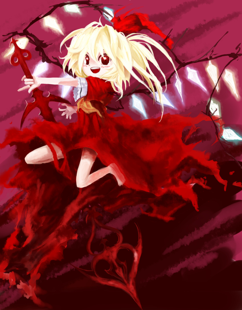 1girl :d absurdres ascot asymmetrical_wings bangs bare_legs barefoot blonde_hair blush diamond_(shape) dress facing_away flandre_scarlet flat_chest gem hair_between_eyes hair_ribbon highres holding holding_spear holding_weapon koumajou_densetsu laevatein legs_apart long_hair looking_at_viewer official_style oota_jun'ya_(style) open_mouth orange_neckwear polearm purple_background red_dress red_eyes red_ribbon ribbon short_sleeves side_ponytail smile solo spear teeth tongue torn_clothes torn_dress torn_ribbon touhou weapon wings yuki-ichigo