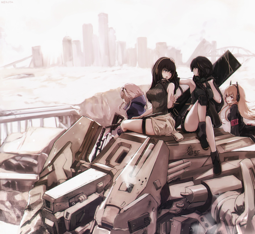 4girls after_battle anti-rain_(girls_frontline) ar-15 armband assault_rifle balaclava black_footwear black_hair black_jacket blonde_hair blush braid breasts bullet_hole case closed_eyes clothes_around_waist commentary_request damaged dyolf eyebrows_visible_through_hair girls_frontline gloves green_hair ground_vehicle gun hair_ornament hair_over_eyes headphones headphones_around_neck headset highres holding holding_gun holding_weapon hood hooded_jacket jacket jacket_over_shoulder knee_pads large_breasts long_hair m16a1_(girls_frontline) m4_carbine m4_sopmod_ii_(girls_frontline) m4a1_(girls_frontline) midriff_peek military military_vehicle motor_vehicle multicolored_hair multiple_girls open_mouth petting pink_hair red_eyes redhead rifle rubble sangvis_ferri scope sitting sitting_on_object skirt smile smoke st_ar-15_(girls_frontline) strap streaked_hair tank tank_top thigh_strap thighs weapon