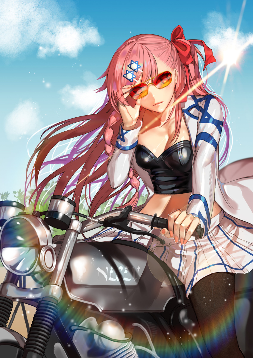 1girl alternate_costume asymmetrical_hair bangs black_legwear blue_sky blush bow braid breasts character_name cleavage closed_mouth clouds collarbone collared_jacket eyebrows_visible_through_hair floating_hair girls_frontline grey_tank_top ground_vehicle hair_between_eyes hair_bow hair_ornament hair_over_shoulder hair_ribbon hairclip hand_on_eyewear hand_on_handle hexagram highres jacket kyoungi_nyang light_particles long_hair looking_at_viewer medium_breasts motor_vehicle motorcycle nail_polish negev_(girls_frontline) open_mouth outdoors pink_hair pleated_skirt red_bow red_eyes ribbon sitting_on_motorcycle skirt sky smile solo star_of_david stomach sun sunglasses thigh-highs white_jacket white_skirt wind wind_lift