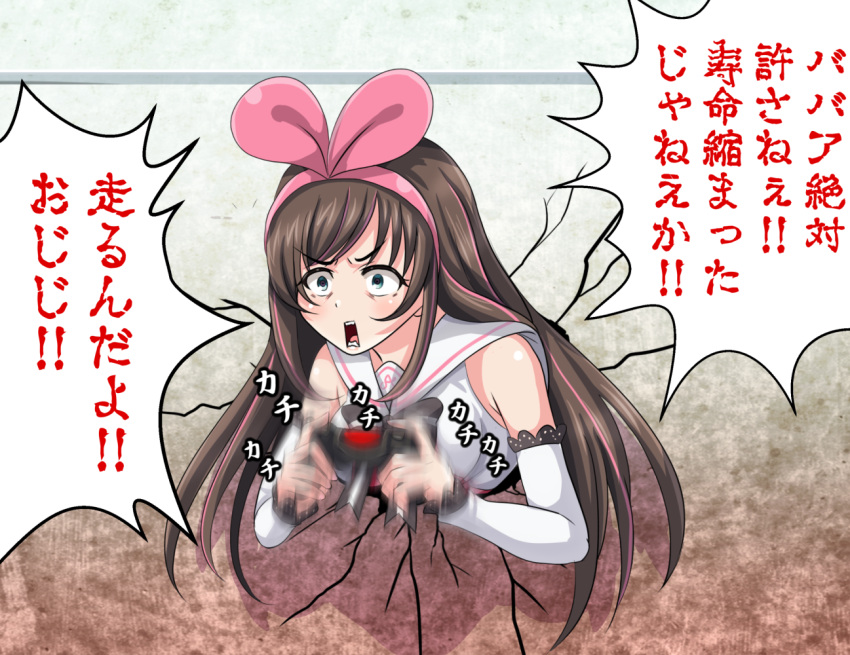 1girl a.i._channel bangs blue_eyes bow brown_hair controller eyebrows_visible_through_hair game_controller hair_bow hairband kizuna_ai long_hair multicolored_hair open_mouth pink_bow pink_hair playing_games sailor_collar solo streaked_hair stuck through_wall tk8d32 translation_request wall