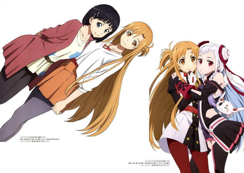 3girls absurdres arms_behind_back artist_name asuna_(sao) black_eyes black_hair black_legwear black_pants brown_eyes collarbone double_bun floating_hair gloves grey_legwear hair_ornament hair_ribbon hairclip highres holding hug kamiya_tomomi_(artist) kirigaya_suguha light_brown_hair long_hair miniskirt multiple_girls orange_skirt pants pantyhose pleated_skirt red_eyes red_pants red_ribbon ribbon shirt short_hair simple_background skirt smile standing sword_art_online thigh-highs very_long_hair wagou_kaoru white_background white_gloves white_shirt yuna_(sao)