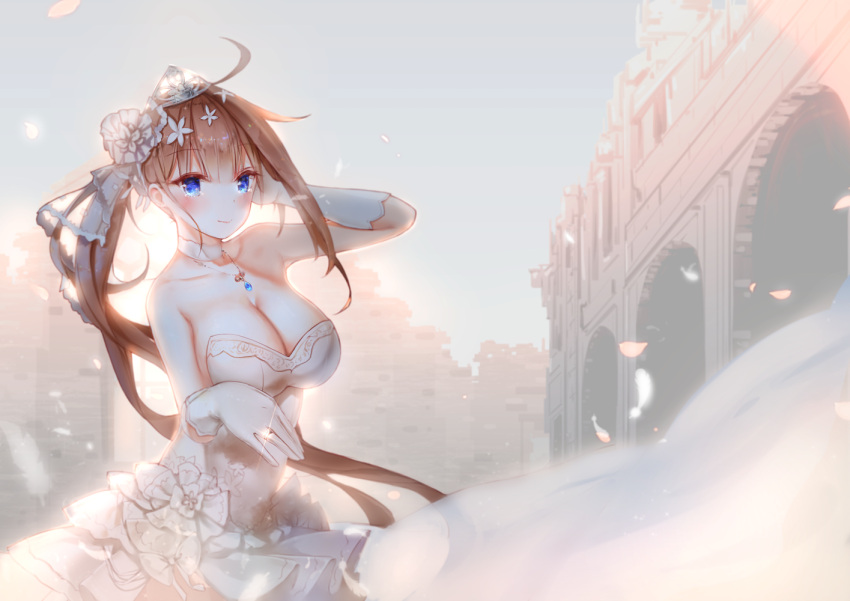 1girl ahoge bangs blue_eyes blunt_bangs blush bow bowtie breasts bridal_veil bride brown_hair choker cityscape cleavage dress elbow_gloves eyebrows_visible_through_hair fal_(girls_frontline) feathers floating_hair flower futoshi_ame garters gem girls_frontline gloves gun hair_between_eyes hair_flower hair_ornament hand_on_own_face jewelry large_breasts long_hair looking_at_viewer necklace open_mouth outdoors petals red_bow red_neckwear rifle ring shadow shoe_bow shoes short_dress side_ponytail sidelocks single_thighhigh solo standing strapless strapless_dress tearing_up thigh-highs tiara veil very_long_hair weapon wedding_band wedding_dress white_bow white_choker white_dress white_flower white_footwear white_gloves wind wind_lift