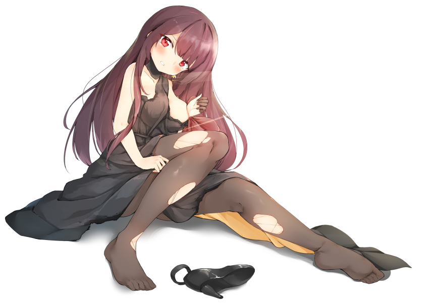 1girl absurdres bare_shoulders blush breasts clenched_teeth covering covering_breasts dress earrings formal full_body girls_frontline gloves hansal high_heels highres jewelry long_hair looking_at_viewer medium_breasts pantyhose purple_hair red_eyes shoes_removed sitting solo tears teeth torn_clothes torn_pantyhose wa2000_(girls_frontline)
