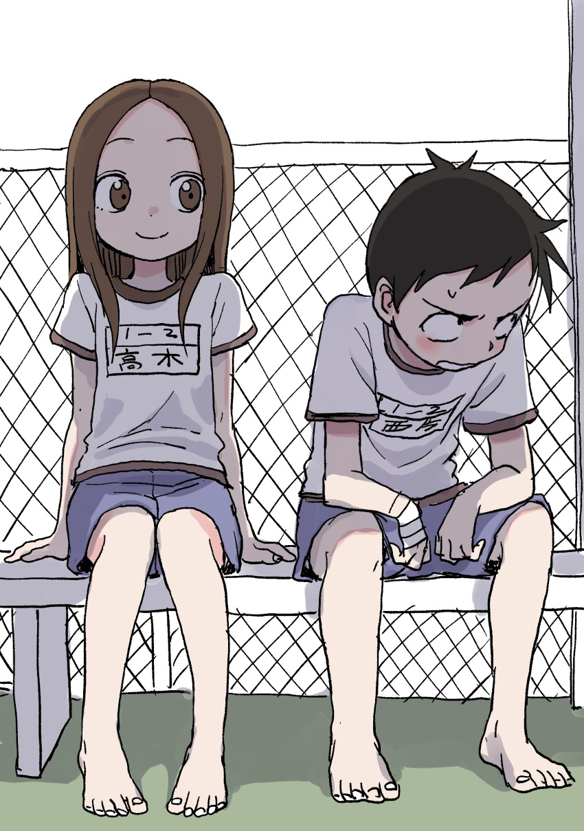 1boy 1girl absurdres bangs barefoot bench black_hair blue_shorts blush brown_eyes brown_hair closed_mouth commentary_request embarrassed feet fence highres karakai_jouzu_no_takagi-san long_hair looking_away name_tag nishikata parted_bangs sanpaku shirt short_sleeves shorts sitting sketch smile sweatdrop takagi-san toenails white_shirt yamamoto_souichirou