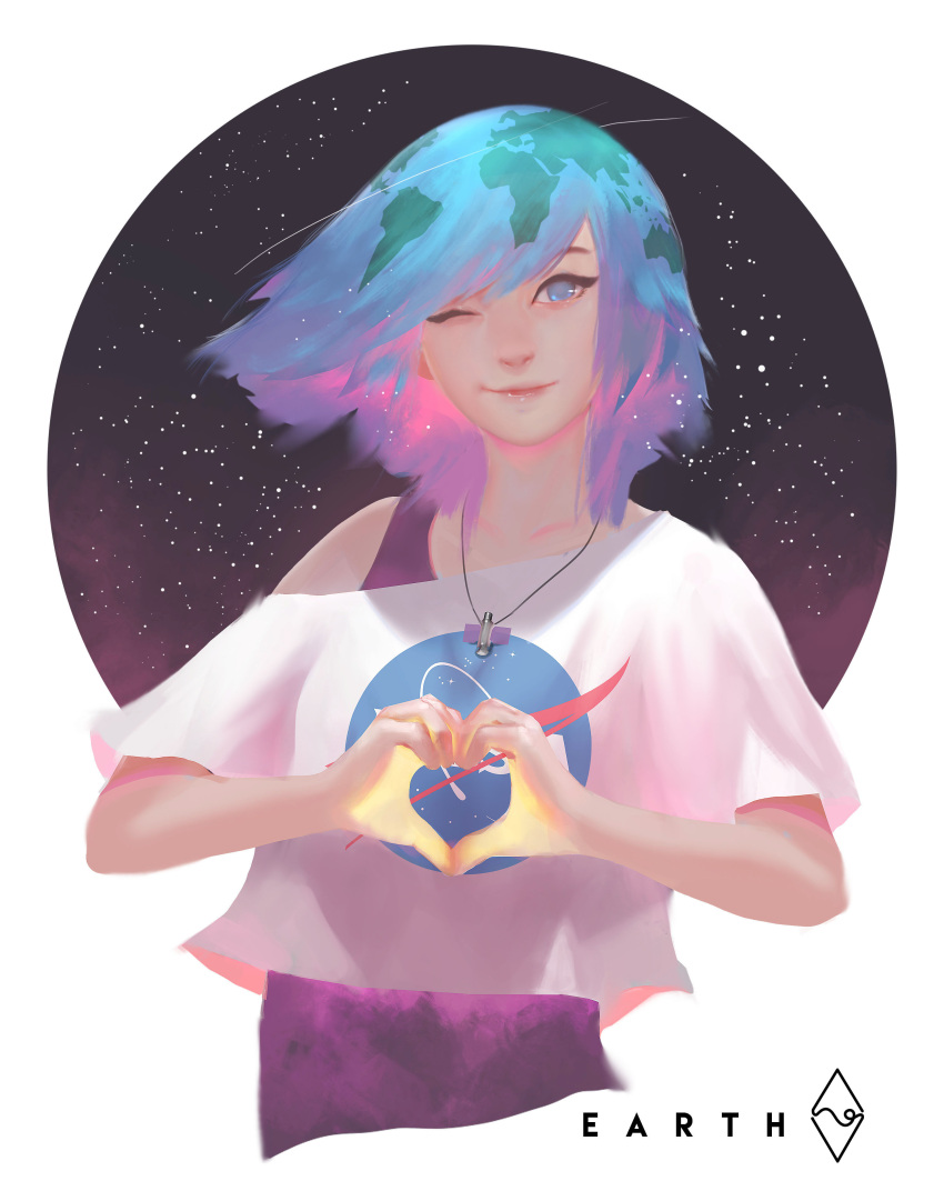 1girl absurdres bangs blue_eyes blue_hair closed_mouth commentary earth-chan fahmi_fauzi gradient_hair green_hair heart heart_hands highres jewelry lips looking_at_viewer multicolored_hair nasa_logo necklace night night_sky no_pupils one_eye_closed original pink_hair shirt short_hair short_sleeves sky smile solo space star star_(sky) starry_background starry_sky swept_bangs white_shirt