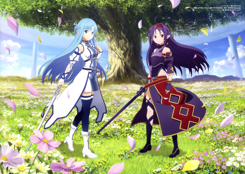 2girls absurdres ahoge artist_name asuna_(sao-alo) blue_eyes blue_hair blue_legwear breastplate breasts cherry_blossoms day detached_sleeves dress field fingerless_gloves floating_hair flower flower_field full_body gloves headband high_heels highres holding holding_sword holding_weapon long_hair looking_at_viewer medium_breasts multiple_girls outdoors pink_flower pointy_ears purple_gloves purple_hair red_eyes short_dress standing sword sword_art_online thigh-highs tree very_long_hair weapon white_flower white_footwear yamakuchi_mami yuuki_(sao) zettai_ryouiki