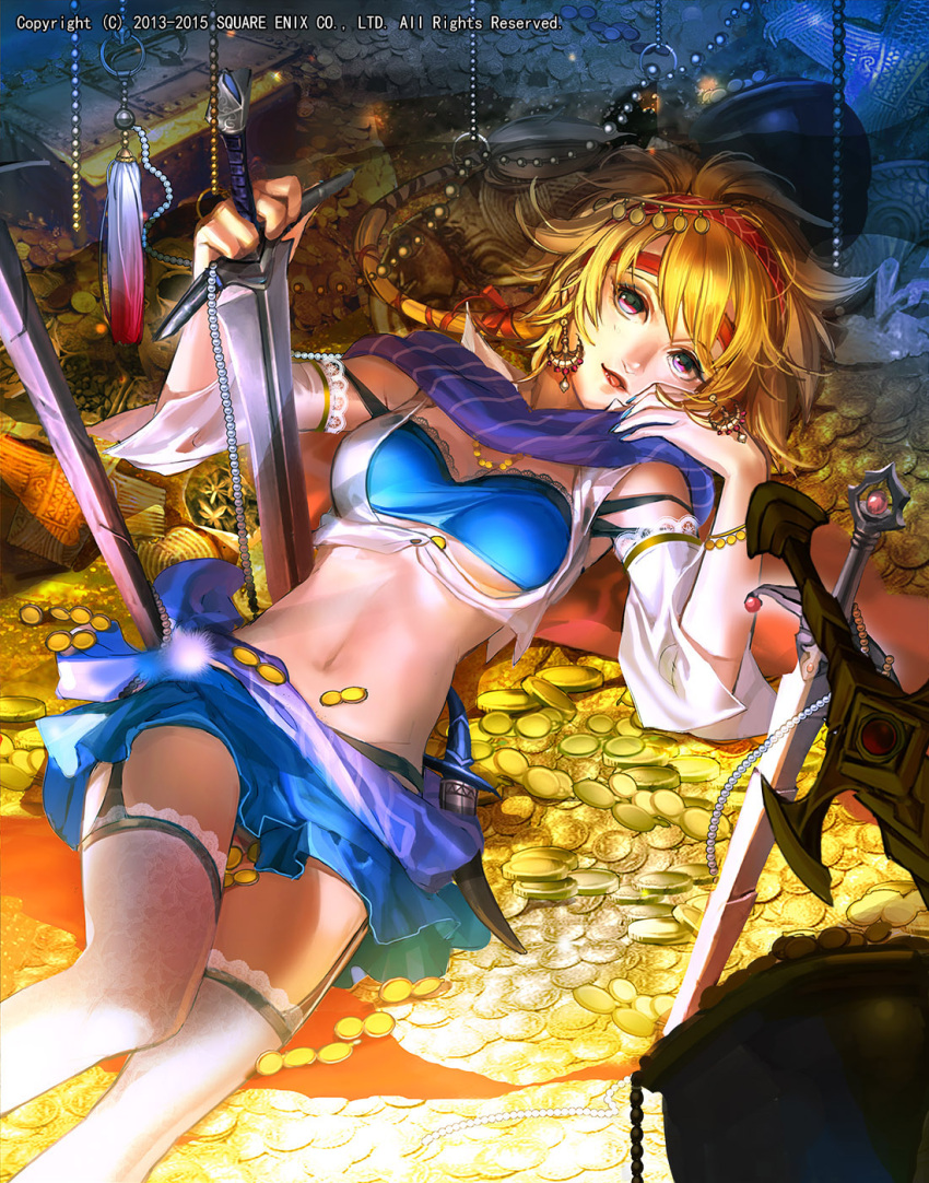 1girl bangs blonde_hair blue_bra blue_skirt bow bra bracelet breasts coin detached_sleeves earrings emperors_saga eyebrows_visible_through_hair garter_belt gold hair_bow hair_ornament headband highres holding holding_sword holding_weapon jewelry large_breasts liduke looking_at_viewer lying navel official_art on_back short_hair skirt smile solo sword tassel thigh-highs tongue tongue_out treasure underwear violet_eyes watermark weapon white_legwear