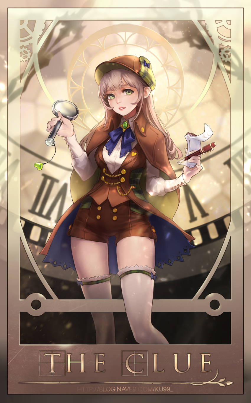 1girl absurdres artist_name bangs breasts brown_hat brown_shorts chains clock deerstalker detective gold green_eyes hat heart highres holding holding_notepad holding_pen jang_hj long_sleeves looking_at_viewer magnifying_glass medium_breasts notepad original roman_numerals shorts solo thigh-highs trench_coat watermark web_address white_legwear