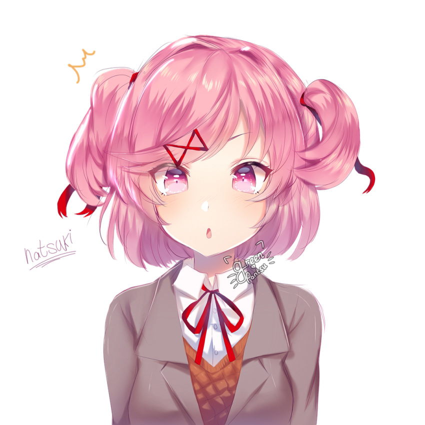 1girl :o artist_name bangs blazer blush breasts character_name collared_shirt commentary commission doki_doki_literature_club greenpantsu grey_jacket hair_ornament hairclip jacket long_sleeves looking_at_viewer natsuki_(doki_doki_literature_club) open_mouth orange_vest pink_eyes pink_hair portrait red_neckwear red_ribbon ribbon school_uniform shirt short_hair simple_background solo two_side_up vest watermark white_background white_shirt