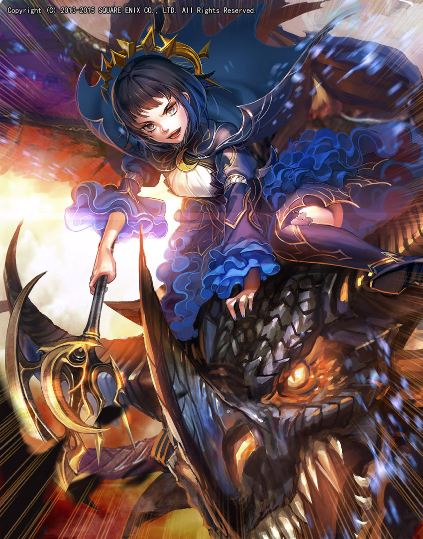 armor black_hair blue_cape blue_dress blue_eyes blue_nails boots cape crescent crescent_moon_pin crown dragon dragon_riding dress emperors_saga fingernails frilled_dress frills highres holding holding_staff juliet_sleeves liduke long_sleeves looking_at_viewer nail_polish official_art puffy_sleeves red_pupils short_hair sitting slit_pupils smile staff watermark wide_sleeves