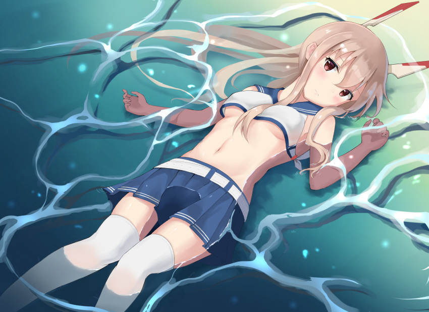 1girl ayanami_(azur_lane) azur_lane bangs bare_arms bare_shoulders between_breasts blue_sailor_collar blue_skirt blush breasts brown_eyes closed_mouth commentary_request crop_top eyebrows_visible_through_hair hair_between_eyes head_tilt headgear highres knees_together_feet_apart light_brown_hair long_hair looking_at_viewer lying medium_breasts on_back partially_submerged pleated_skirt ponytail sailor_collar school_uniform serafuku shallow_water shirt sidelocks skirt sleeveless sleeveless_shirt solo thigh-highs very_long_hair water wet wet_hair white_belt white_legwear white_shirt yuetsu