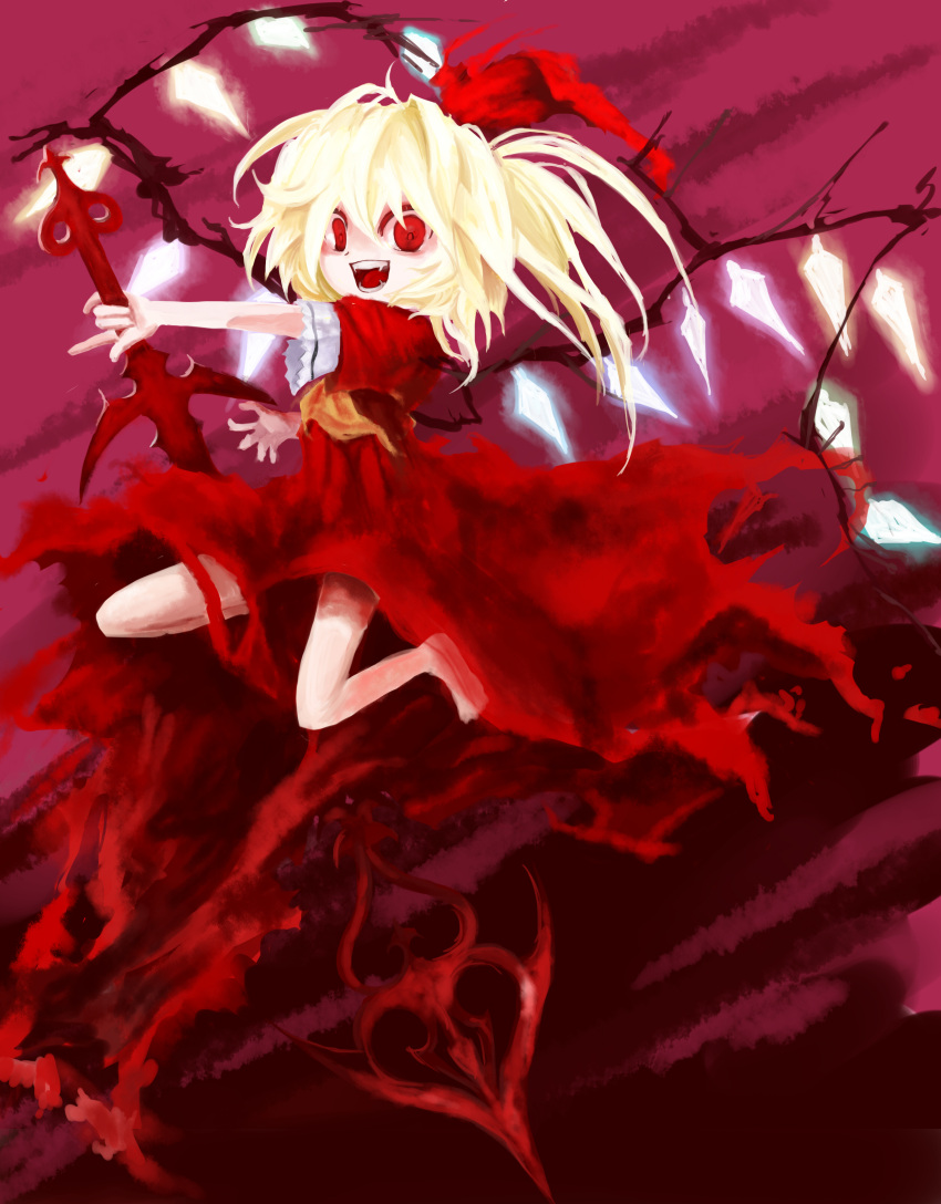 1girl :d absurdres ascot asymmetrical_wings bangs bare_legs barefoot blonde_hair blush crazy_eyes crazy_smile diamond_(shape) dress facing_away fangs flandre_scarlet flat_chest gem hair_between_eyes hair_ribbon highres holding holding_spear holding_weapon koumajou_densetsu laevatein legs_apart long_hair looking_at_viewer official_style oota_jun'ya_(style) open_mouth orange_neckwear polearm purple_background red_dress red_eyes red_ribbon ribbon short_sleeves side_ponytail smile solo spear teeth tongue torn_clothes torn_dress torn_ribbon touhou weapon wings yuki-ichigo