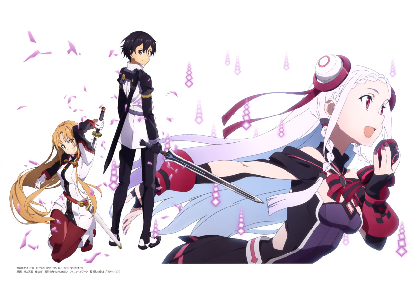 1boy 2girls :d absurdres arm_up artist_name asuna_(sao) black_eyes black_hair black_pants breasts brown_eyes brown_hair double_bun floating_hair gloves hair_between_eyes hair_ribbon highres holding holding_microphone holding_sword holding_weapon kirito long_hair looking_back microphone multiple_girls nail_polish one_knee open_mouth outstretched_arm pants red_eyes red_nails red_pants red_ribbon ribbon sheath silver_hair simple_background small_breasts smile standing sword sword_art_online takiyama_masaaki very_long_hair weapon white_background white_gloves yuna_(sao)