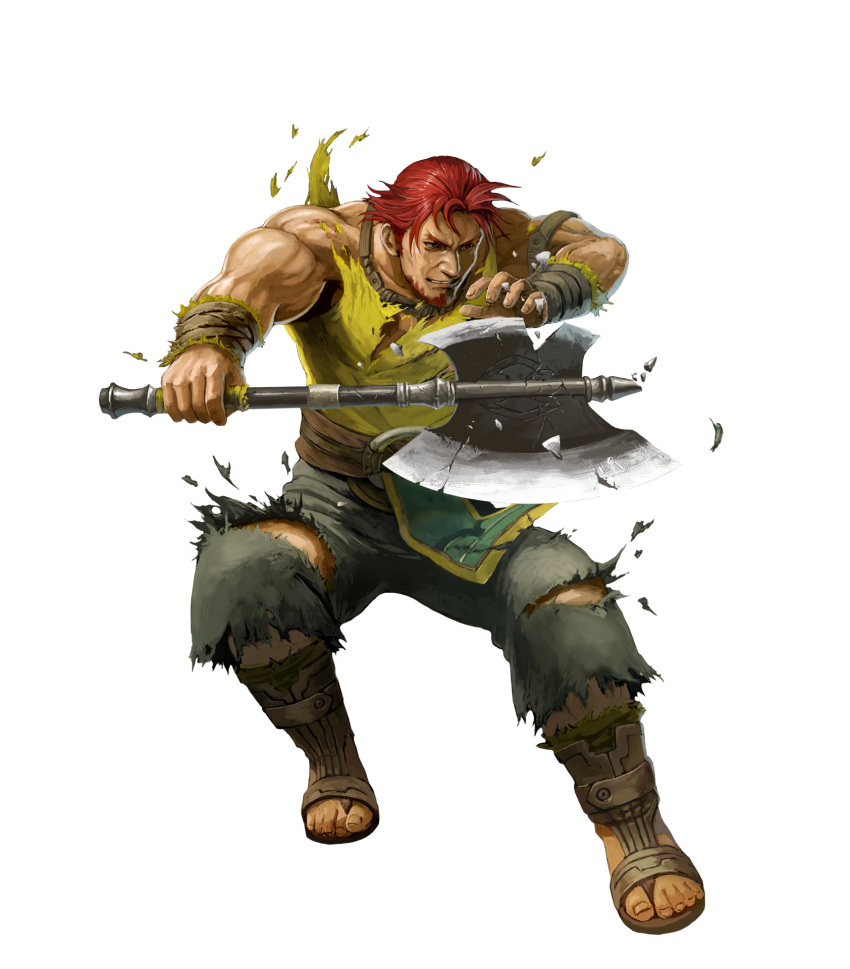 1boy armband axe bare_arms beard belt brown_eyes collarbone damaged dorcas_(fire_emblem) facial_hair fire_emblem fire_emblem:_rekka_no_ken fire_emblem_heroes green_pants highres holding holding_axe holding_weapon ippei_soeda lips male_focus muscle nose official_art pants realistic redhead sandals serious shirt short_hair solo tank_top toenails toes tomahawk torn_clothes torn_pants torn_shirt weapon wristband yellow_shirt