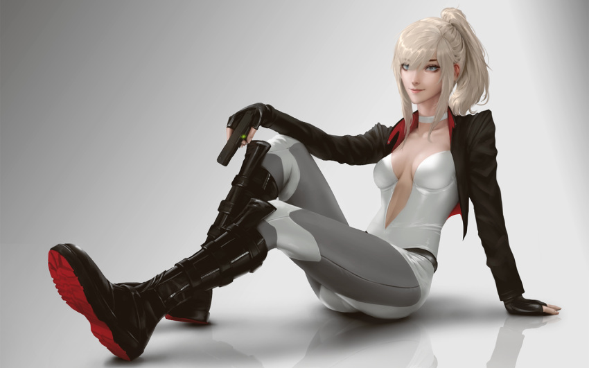 1girl arm_support black_gloves blonde_hair blue_eyes boots breasts choker cleavage cropped_jacket fingerless_gloves gloves gradient gradient_background gun handgun jacket leotard lips looking_at_viewer medium_breasts open_clothes open_jacket original pale_skin ponytail raikoart reflection science_fiction short_hair sitting smile solo tess_(raikoart) weapon