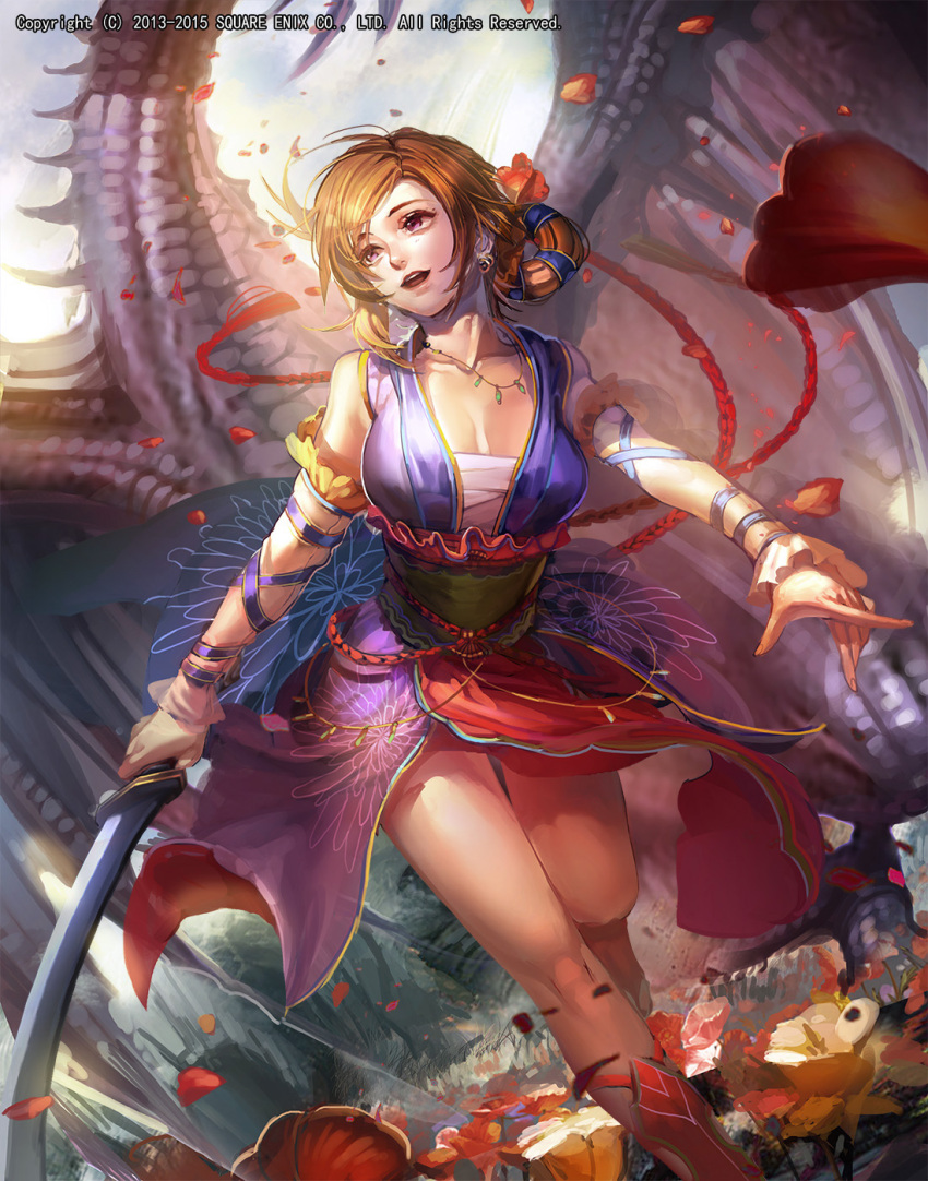 :d breasts brown_hair day detached_sleeves dragon dress earrings emperors_saga fingernails flower hair_ornament highres holding holding_sword holding_weapon jewelry large_breasts liduke long_sleeves necklace official_art open_mouth outdoors purple_dress running sash short_hair smile standing sword violet_eyes watermark weapon
