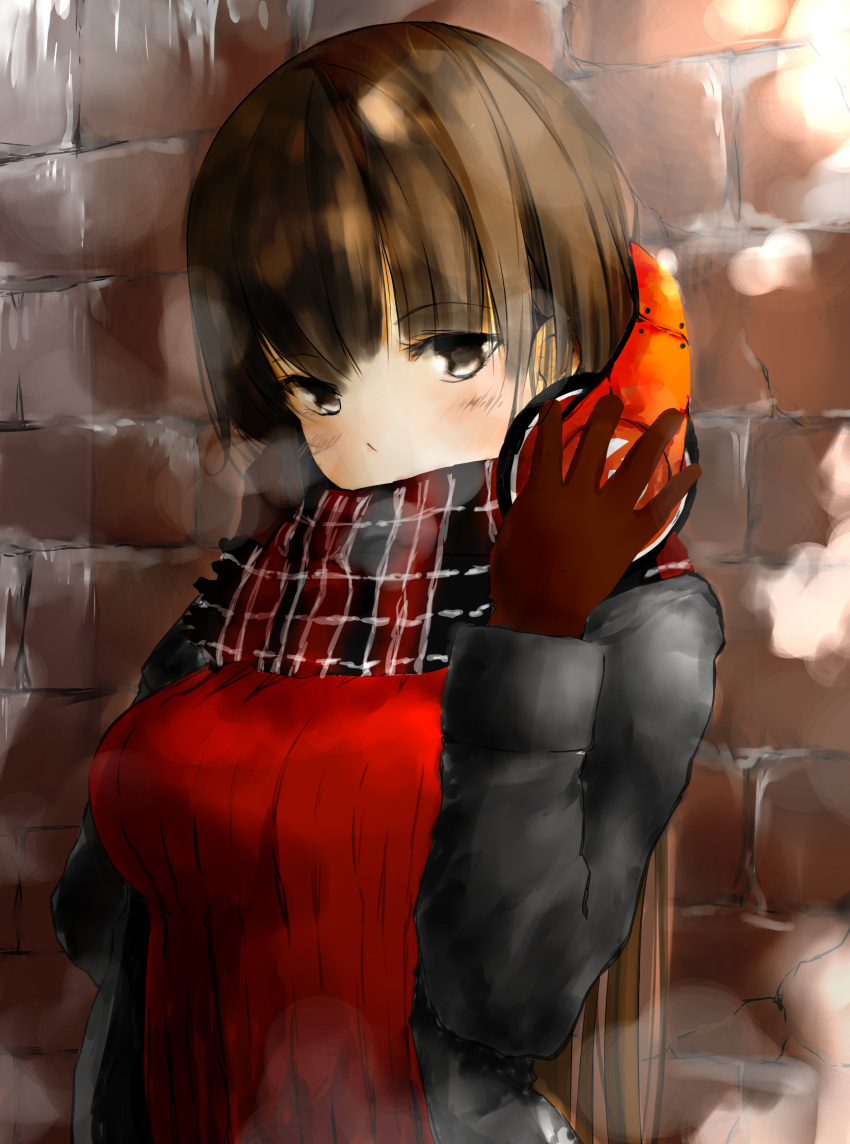1girl blush breasts brown_eyes brown_hair gloves hands_on_headphones headphones headphones_around_neck highres large_breasts original ribbed_sweater scarf solo standing sweater upper_body waiwararu winter winter_clothes
