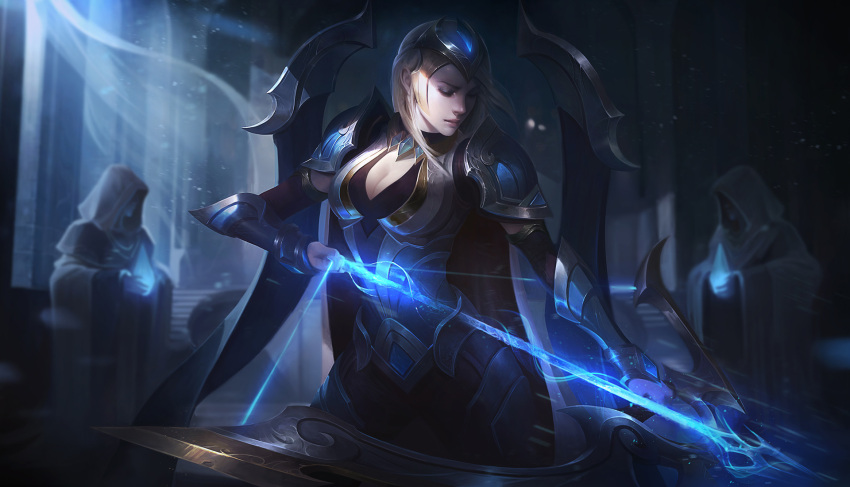 1girl armor arrow blonde_hair blurry bow_(weapon) breasts championship_ashe cloak closed_mouth commentary curtains depth_of_field drawing_bow glowing_arrow headpiece highres holding indoors jem_flores large_breasts league_of_legends long_hair moonlight night profile stairs standing weapon