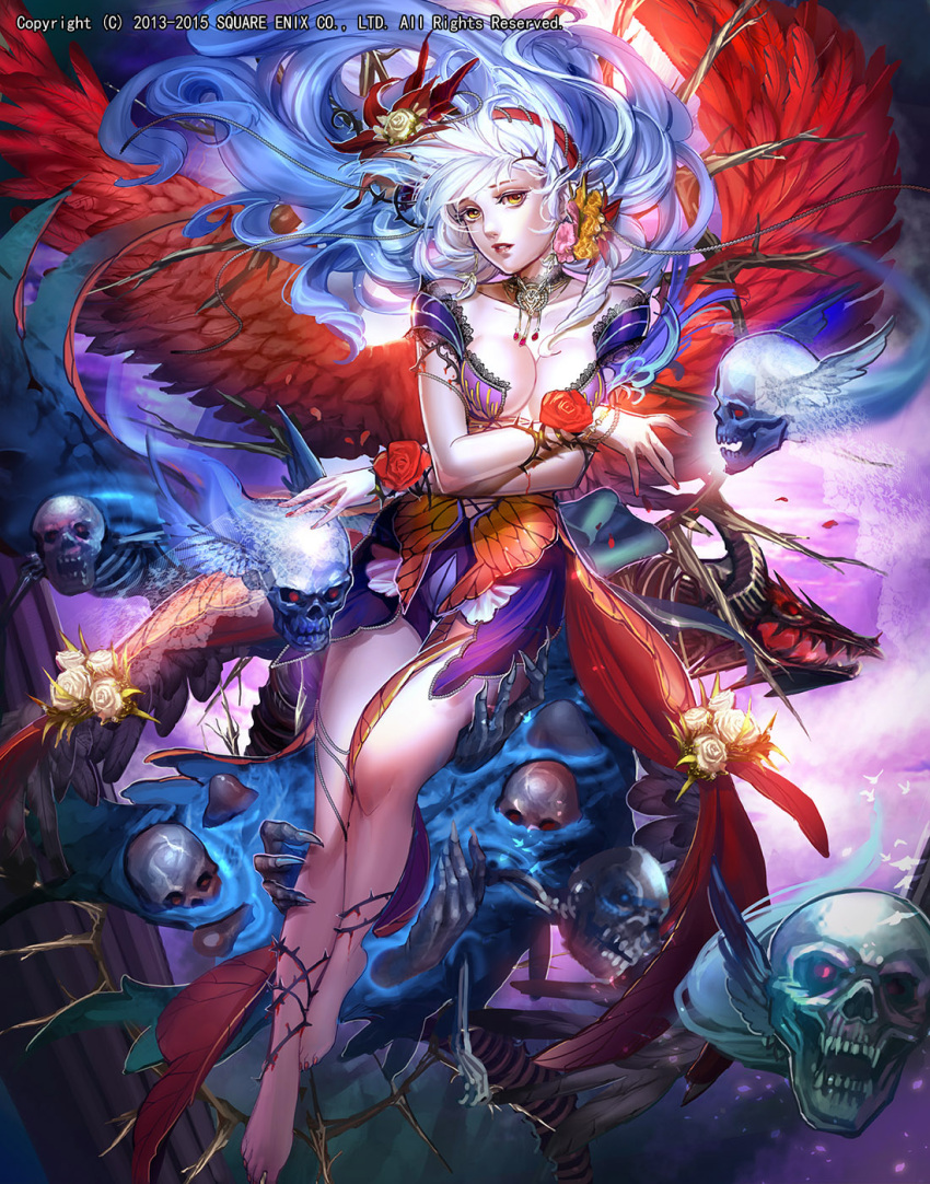 1girl bangs barefoot blue_hair breast_squeeze breasts dragon emperors_saga feathered_wings feathers fingernails ghost hair_ornament hairband highres large_breasts liduke looking_at_viewer official_art parted_lips plant red_wings skull solo toenail_polish toenails vines watermark wings yellow_eyes