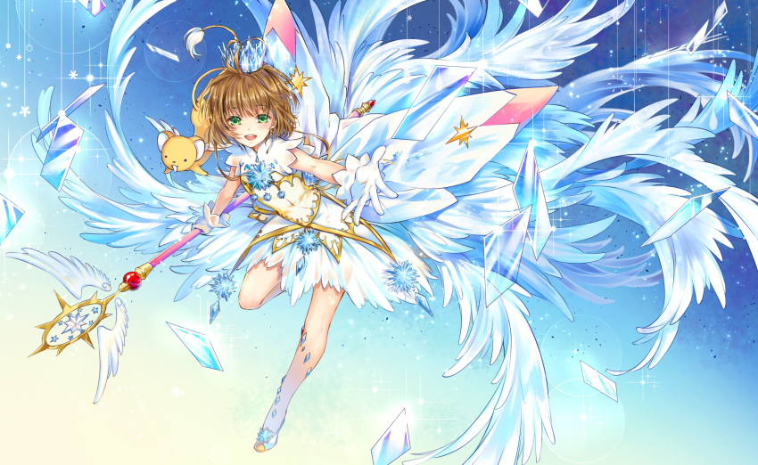 1girl ahoge bangs blush brown_hair card_captor_sakura crown crystal dress eyebrows_visible_through_hair full_body gloves green_eyes hair_between_eyes hair_intakes highres holding holding_wand kero kingchenxi kinomoto_sakura looking_at_viewer mini_crown open_mouth parted_lips short_hair sleeveless sleeveless_dress smile solo wand white_dress white_gloves wings